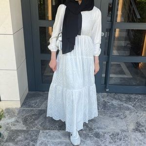 White long sleeve maxi dress. White floral tiered ruffle dress. Modest dress